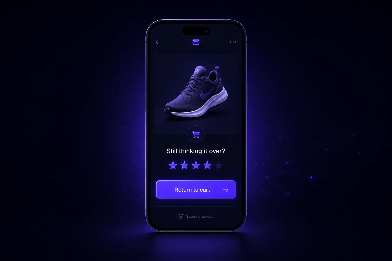 Abandoned cart recovery email on a phone showing the product, reviews, and a return-to-cart button