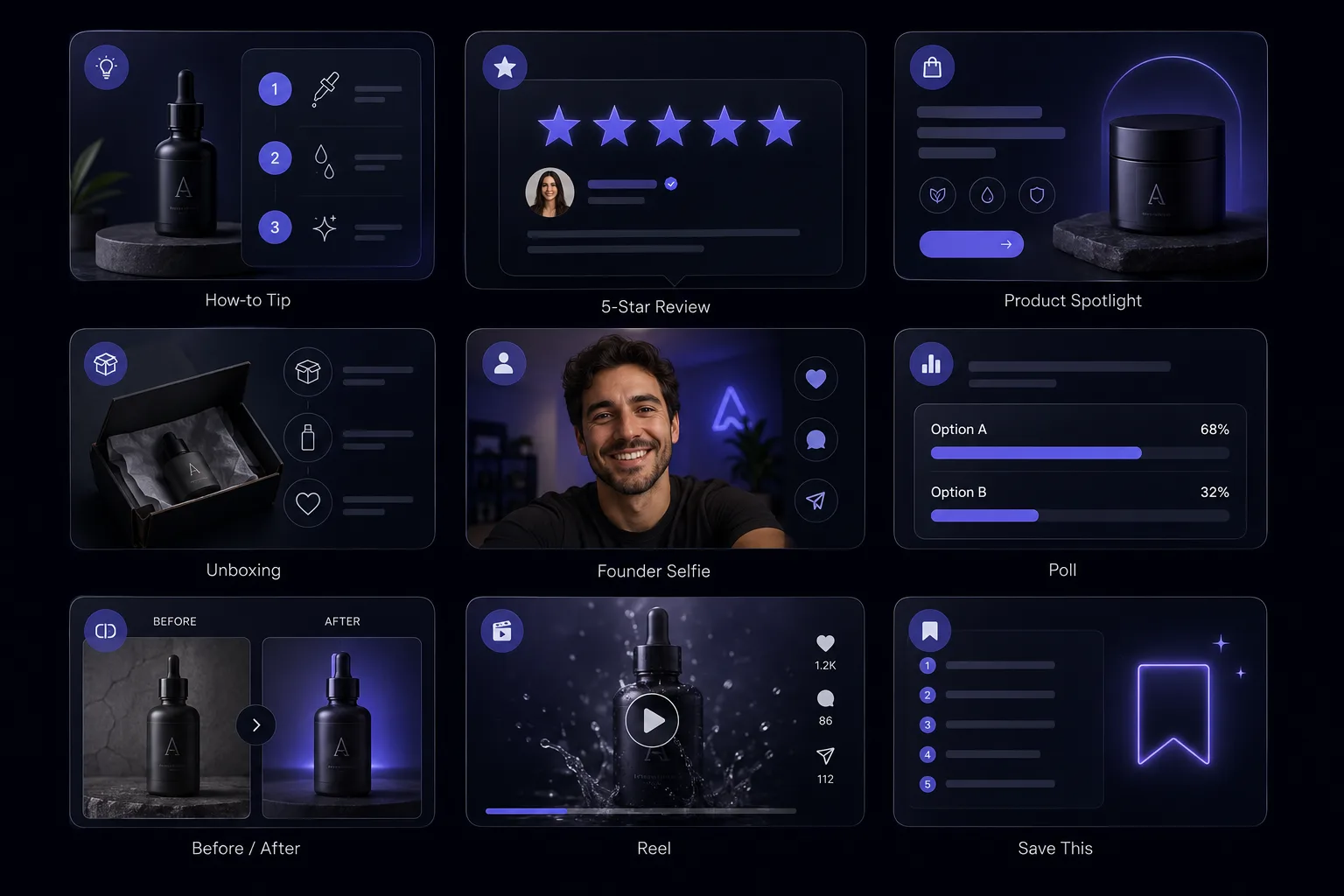 Ecommerce brand social feed showing a balanced mix of educate, sell, social proof, and engagement posts