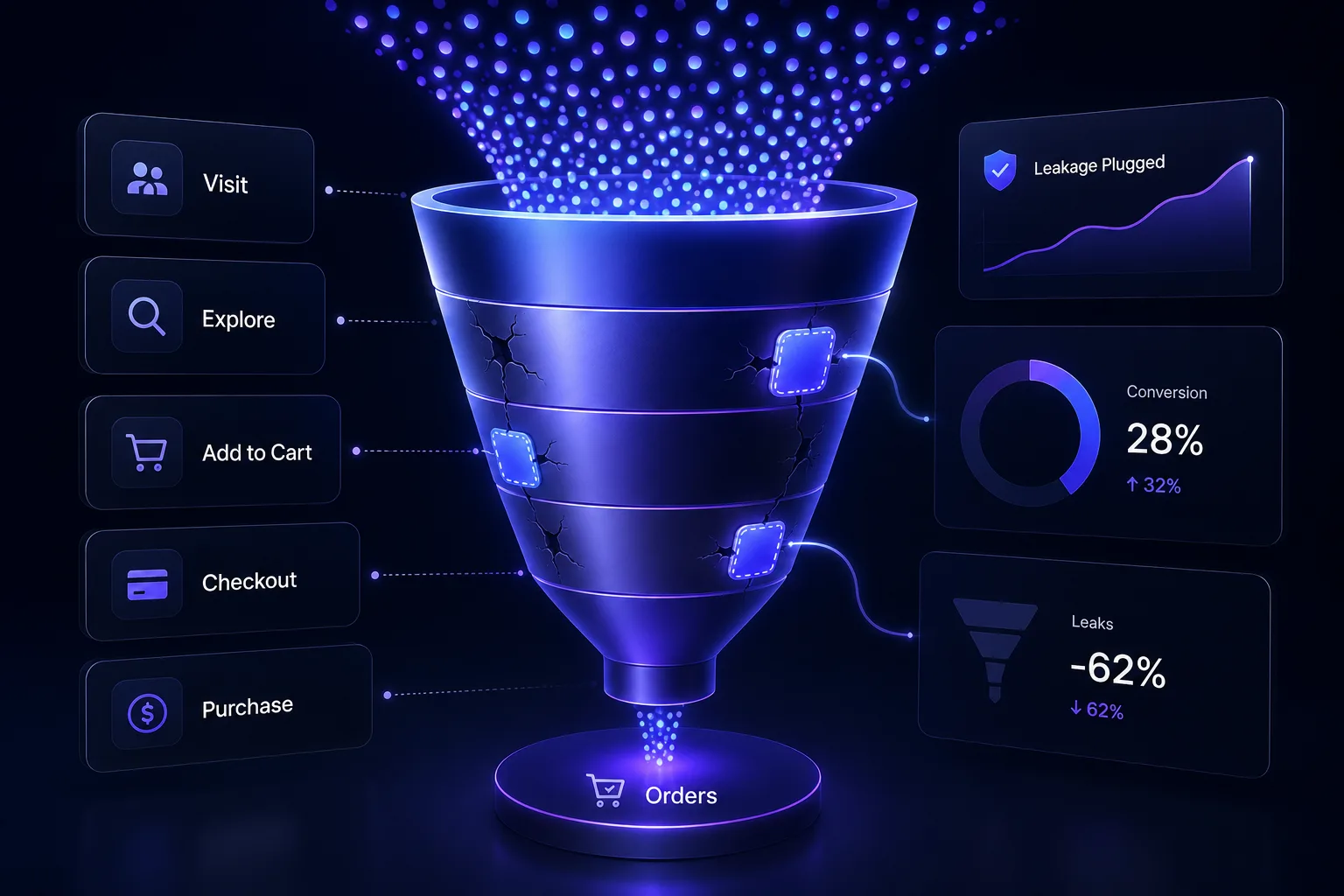 Ecommerce sales funnel concept showing traffic flowing through stages with leaks being plugged