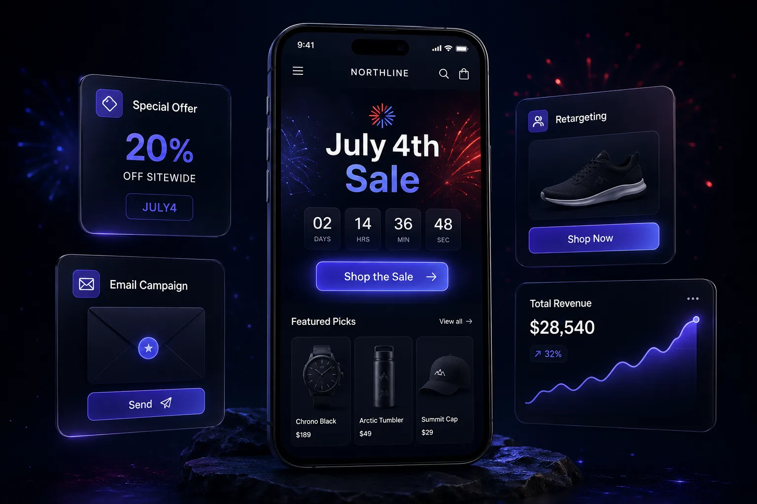 July 4th sale playbook concept showing a themed Shopify store with a sale banner and countdown timer