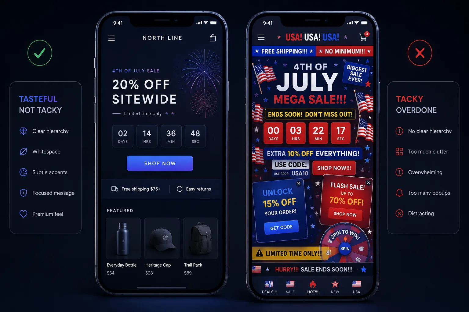Tasteful July 4th themed Shopify homepage with one sale banner and a countdown, versus a cluttered version