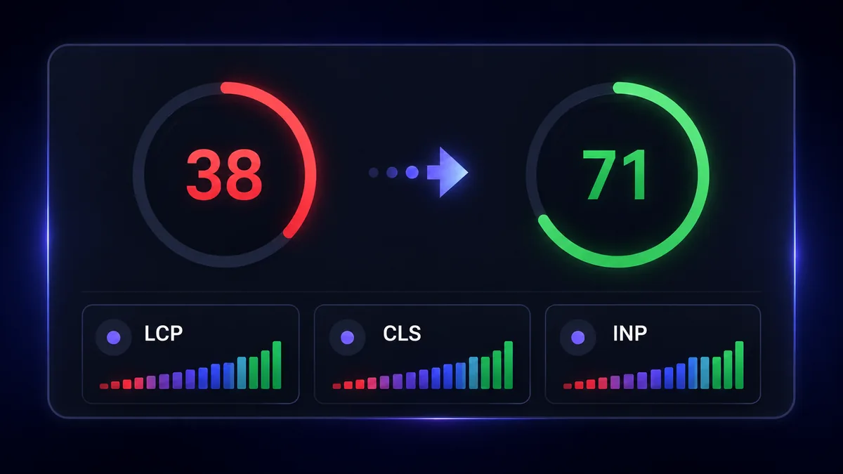 Mobile PageSpeed score improving from 38 to 71 for a Pakistan beauty Shopify store, with LCP, CLS, and INP metrics trending upward
