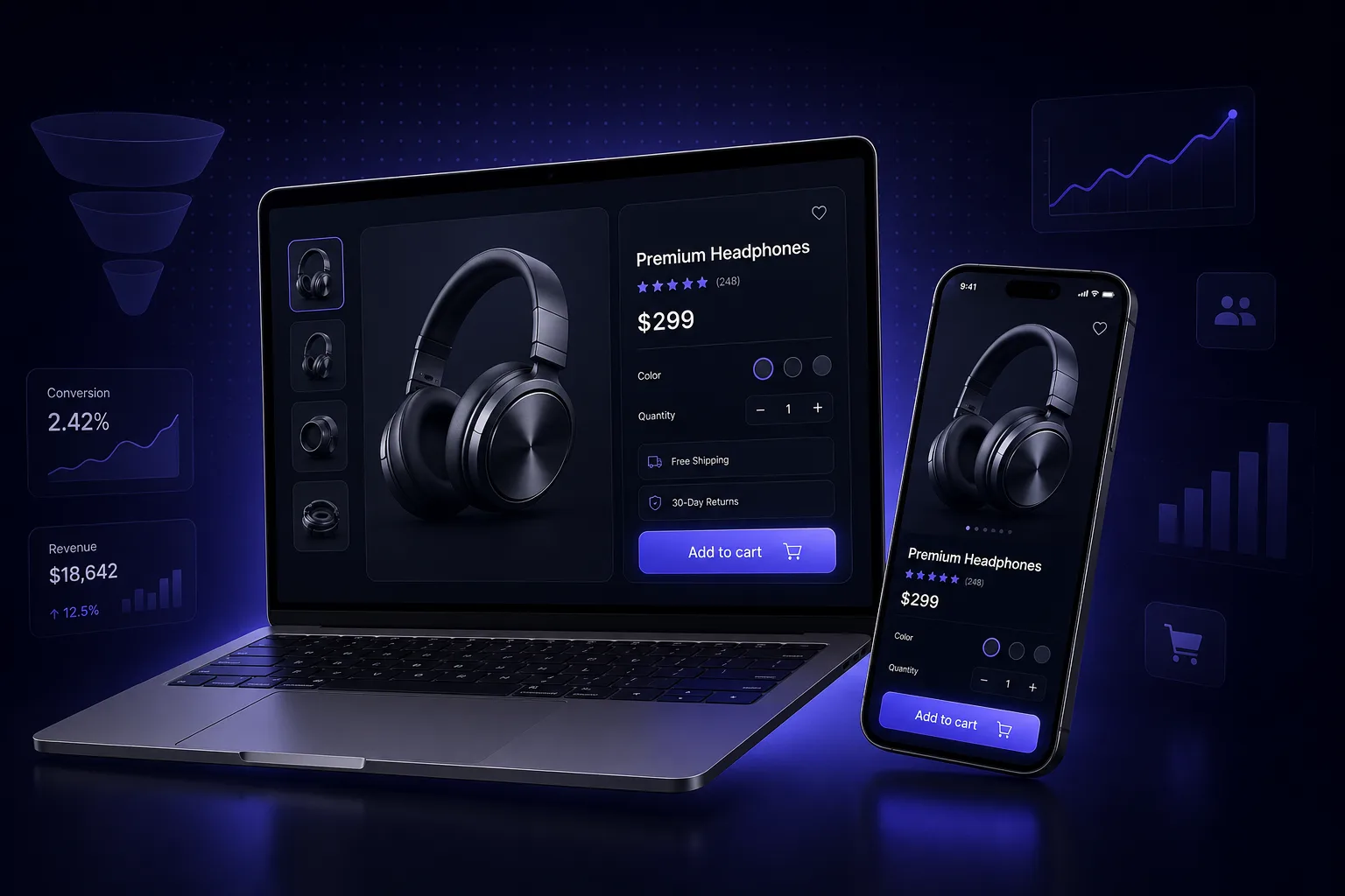 High-converting Shopify product page shown on desktop and mobile with conversion metrics