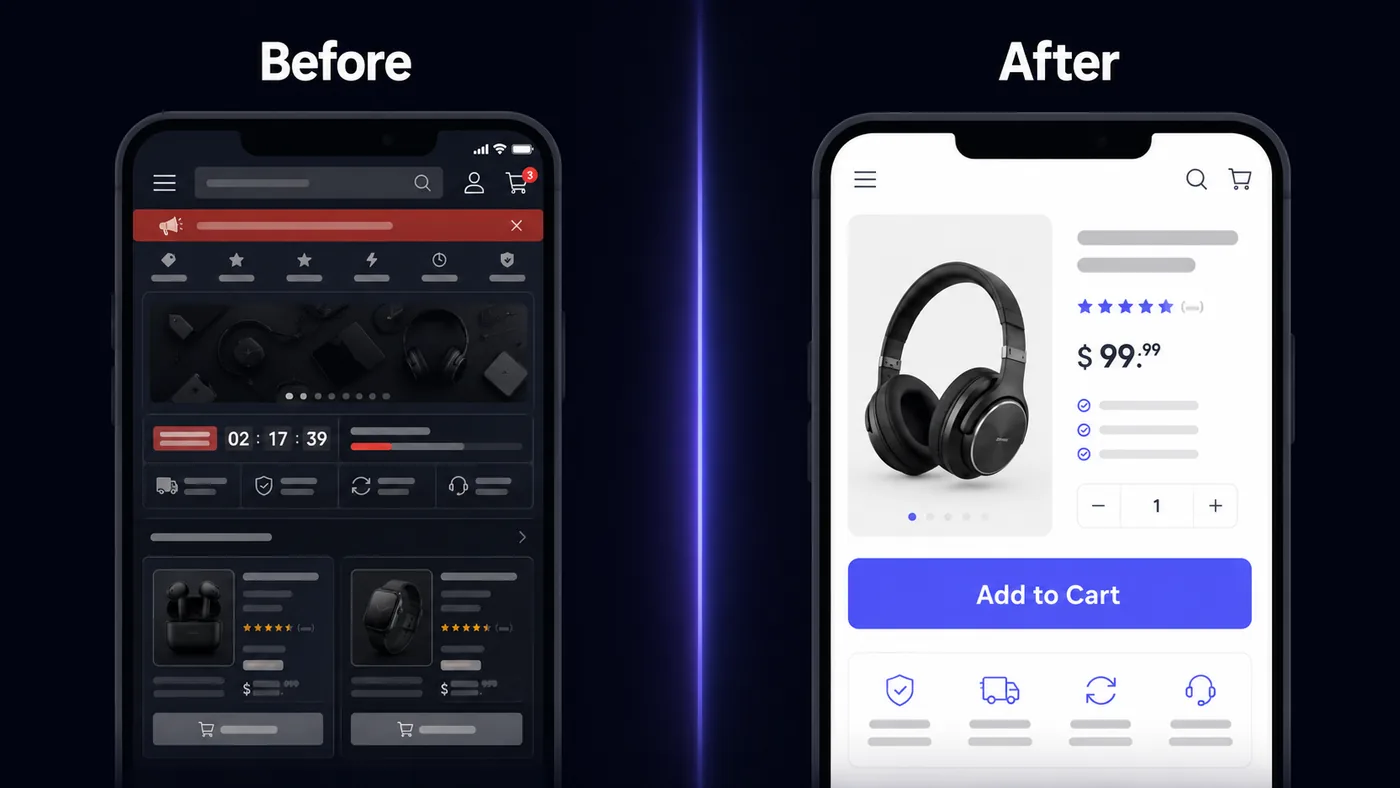 Shopify product page before and after a Virexo Media rebuild — cluttered mobile storefront on the left, clean product page with clear pricing, reviews, and a prominent add-to-cart button on the right
