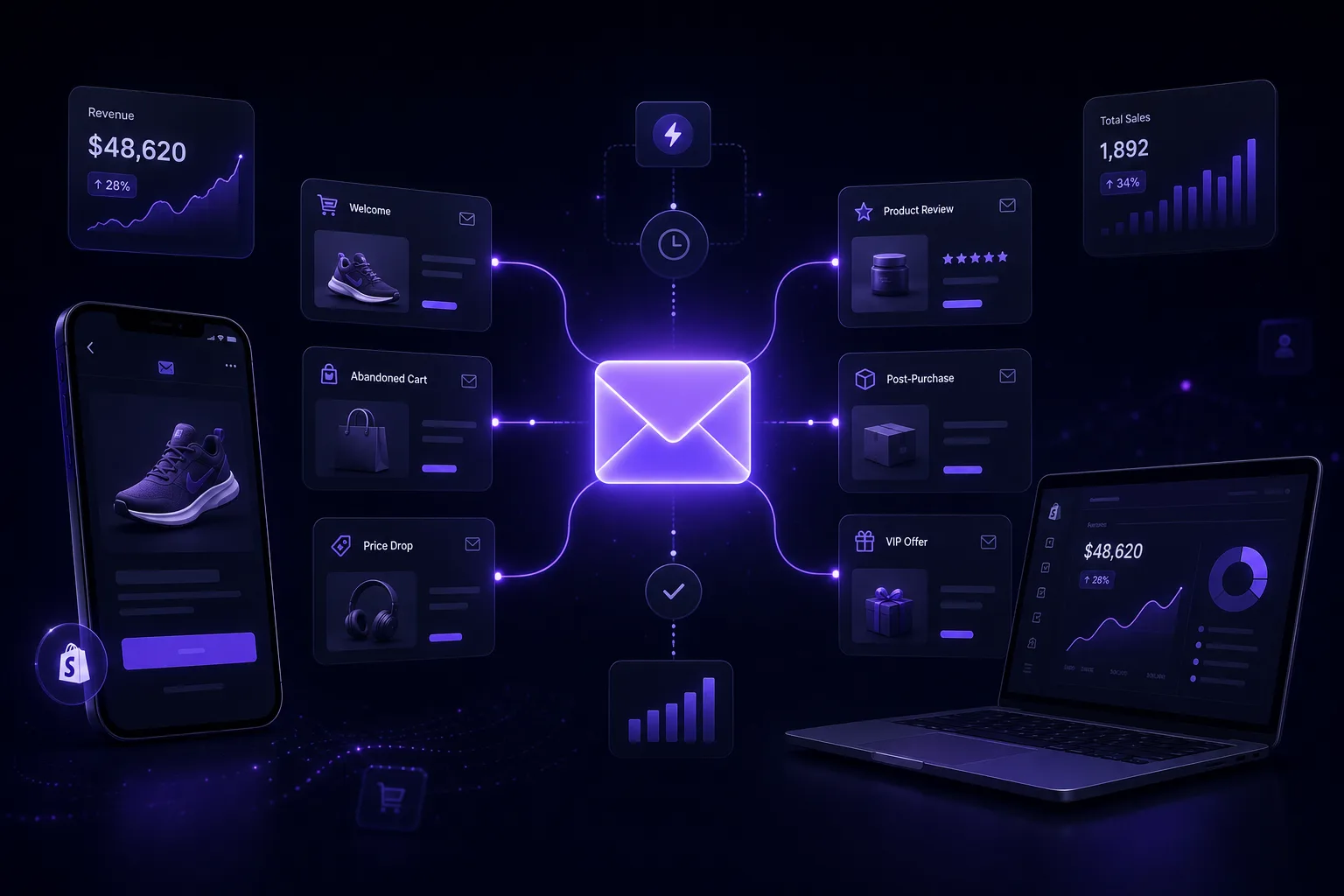 Shopify email flows automation concept showing triggered email sequences driving revenue